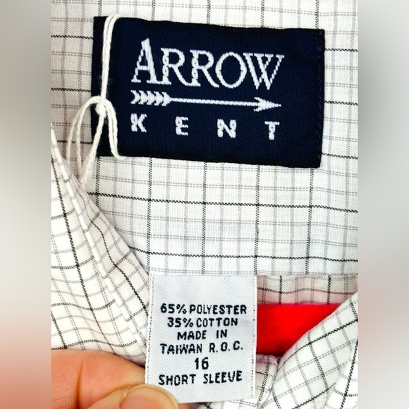 Arrow Kent Men’s Size 16 Short Sleeve White w/Black & Grey Checkered Plaid Shirt - Picture 8 of 9